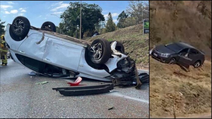 MGC-356: carro capota próximo ao BH Shopping, no sentido Ouro Preto, e trânsito fica parado