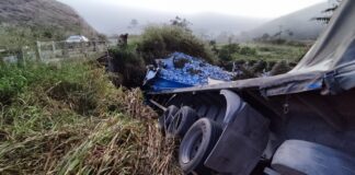 Motorista morre após carreta sair da pista e cair em barranco na BR-267 Motorista morre após carreta sair da pista e cair em barranco na BR-267