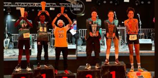 2ª edição do Desafio Noturno: cerca de 400 corredores passam pelo Centro Histórico de Itabirito Vencedores do Desafio Noturno. Da esquerda para Direita: Edilson Carmo, Diógenes Inácio, Glauber Custórdio, Ana Luiza Souza, Amanda Carmo e Grasiele Santos. Foto - Radar Geral.