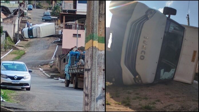 Itabirito: caminhão-baú tomba em morro enquanto motorista fazia entrega no bairro Santa Rita    