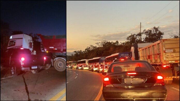 BR-356, Itabirito: carreta fica em “L” e provoca congestionamento na Serra da Santa