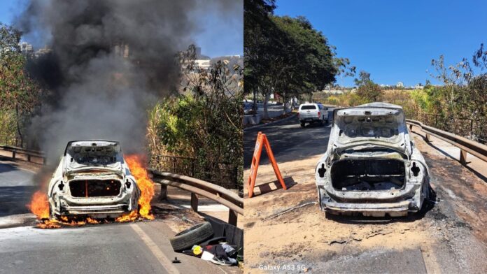 Carro, que seguia sentido Nova Lima, é consumido por fogo na BR-356, em BH; VEJA FOTOS