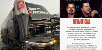BR-040: ônibus, com 27 ocupantes, da dupla João Neto e Frederico se envolve em acidente com carreta BR-040: ônibus, com 27 ocupantes, da dupla João Neto e Frederico se envolve em acidente com carreta