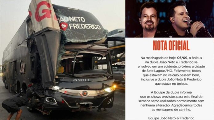 BR-040: ônibus, com 27 ocupantes, da dupla João Neto e Frederico se envolve em acidente com carreta