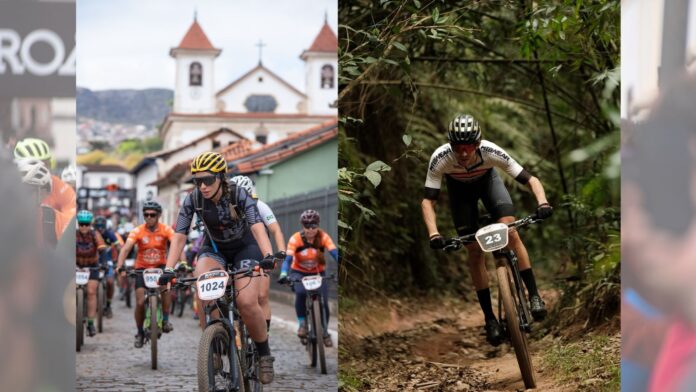 Imagem à esquerda: largada do Iron Biker Brasil 2023. À direita: Atleta Lucio Otavio - Itabiritense Penta Campeão Brasileiro de MTB. Edição Radar Geral.