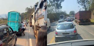 Itabirito, Serra da Santa, risco de derrapagem: retirada de caminhão de ribanceira congestiona BR-356 Itabirito, Serra da Santa, risco de derrapagem: retirada de caminhão de ribanceira congestiona BR-356