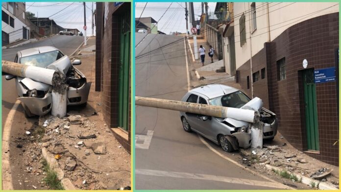 Batida em Itabirito: carro desgovernado e sem motorista desce morro da Rua JK e arranca poste