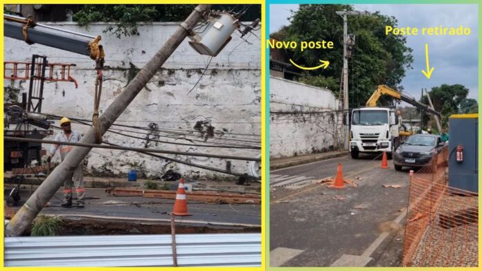 Poste a ponto de cair em rua da Boa Viagem, em Itabirito, é substituído pela Cemig