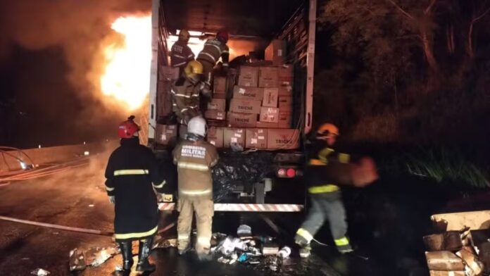 BR-040: caminhão de encomendas pega fogo e deixa carga carbonizada em Juiz de Fora