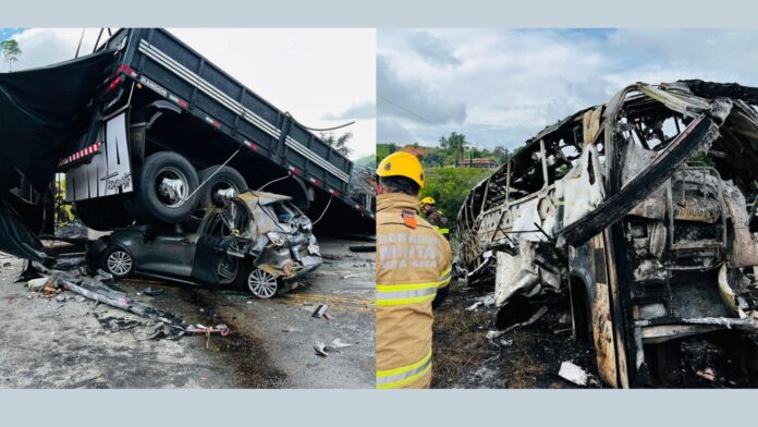 Ao menos 21 mortos na BR-116, em Teófilo Otoni, em grave acidente com ônibus, carreta e carro  