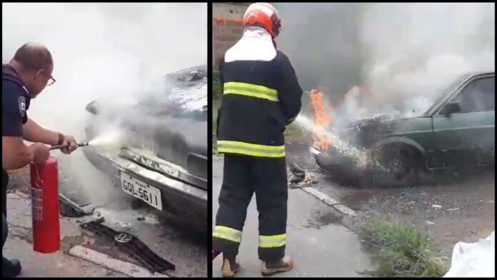 Itabirito: GCM se depara com carro em chamas, isola área, tenta debelar e aciona a Brigada