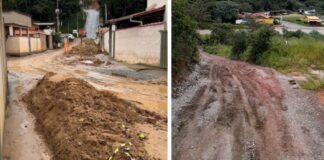 2 reclamações em Amarantina: obra que sempre para na Travessa São Gonçalo, e buracos na Rua Santa Rita Ouro Preto: Amarantina reclama de obra inacabada e dificuldades de acesso em rua que dá acesso à região