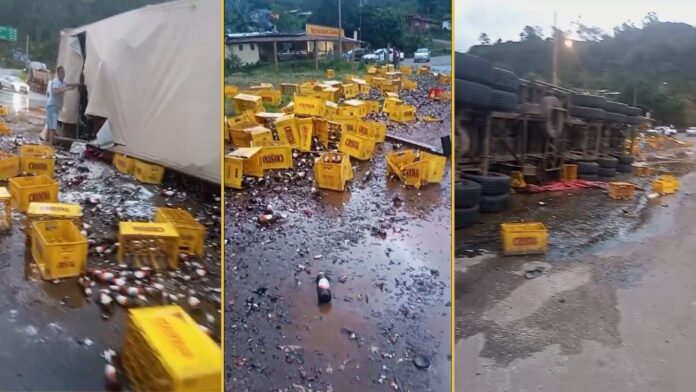 VÍDEO: pneu estoura e carreta com cerveja se envolve em acidente na BR-356, em Ouro Preto