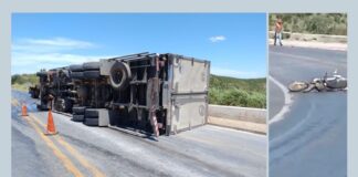 Acidente na BR-251, em MG: carreta tomba e 2, que estavam numa moto, morrem Acidente na BR-251, em MG: carreta tomba e 2, que estavam numa moto, morrem