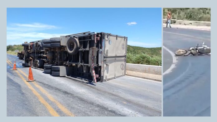 Acidente na BR-251, em MG: carreta tomba e 2, que estavam numa moto, morrem