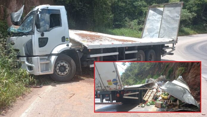 Serra da Santa, BR-356, Itabirito: condutor, de Ponte Nova, em caminhão desgovernado, acerta barranco