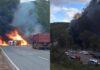 BR-040, Itabirito: caminhão, com combustível, tomba e pega fogo na “curva da Celinha”; “Houve explosão” BR-040, Itabirito: caminhão, com combustível, tomba e pega fogo na “curva da Celinha”; “Houve explosão”