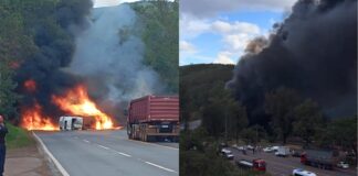 BR-040, Itabirito: caminhão, com combustível, tomba e pega fogo na “curva da Celinha”; “Houve explosão” BR-040, Itabirito: caminhão, com combustível, tomba e pega fogo na “curva da Celinha”; “Houve explosão”
