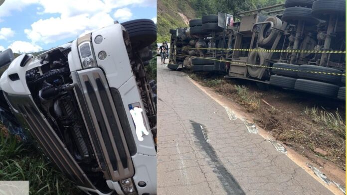 BR-356: carreta com carne, de Ponte Nova para o Porto de Santos, tomba na Serra da Santa, em Itabirito