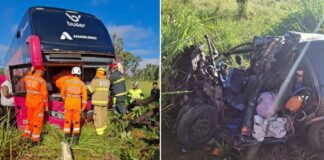 Acidente entre ônibus e carro deixa três mortos e um bebê ferido na BR-040 Acidente entre ônibus e carro deixa três mortos e um bebê ferido na BR-040