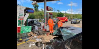 BR-381: voltando de Guarapari, condutora bate em posto de combustível; 2 crianças entre 7 feridos BR-381: voltando de Guarapari, condutora bate em posto de combustível; 2 crianças entre 7 feridos