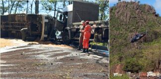 Serra da Santa, Itabirito, BR-356, helicóptero: choque entre carreta e caminhão com 3 presos às ferragens Serra da Santa, Itabirito, BR-356, helicóptero: choque entre carreta e caminhão com 3 presos às ferragens