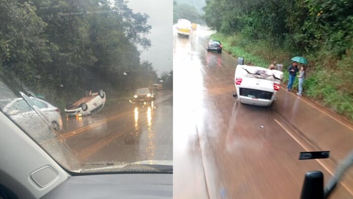 Itabirito, BR-356: carro atinge canaleta e capota na Serra da Santa