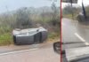 BR-356, Itabirito: carro é deixado tombado (em pista molhada) na Serra da Santa BR-356, Itabirito: carro é deixado tombado (em pista molhada) na Serra da Santa