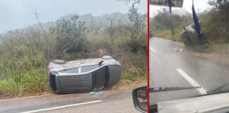 BR-356, Itabirito: carro é deixado tombado (em pista molhada) na Serra da Santa BR-356, Itabirito: carro é deixado tombado (em pista molhada) na Serra da Santa