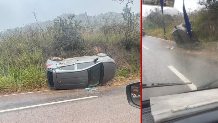 BR-356, Itabirito: carro é deixado tombado (em pista molhada) na Serra da Santa