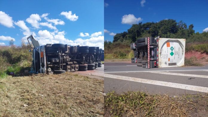 Tombamento de carreta com argônio líquido mobiliza bombeiros na BR-381