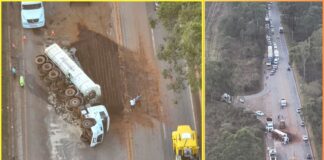 BR-040: carreta com minério tomba e provoca grande retenção na altura do Vale do Sol/Jardim Canadá BR-040: carreta com minério tomba e provoca grande retenção na altura do Vale do Sol/Jardim Canadá