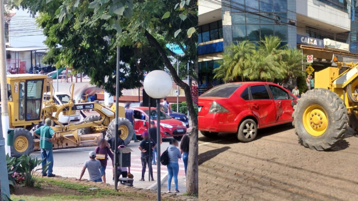 Itabirito: motoniveladora da Prefeitura bate em carro e o arrasta por cerca de 2 metros 