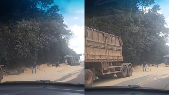 Carreta carregada de soja tomba no Trevo da Jacuba e complica trânsito em Ouro Preto