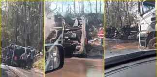 Entre Ouro Preto e Mariana: carreta com soda cáustica tomba na BR-356 Entre Ouro Preto e Mariana: carreta com soda cáustica tomba na BR-356