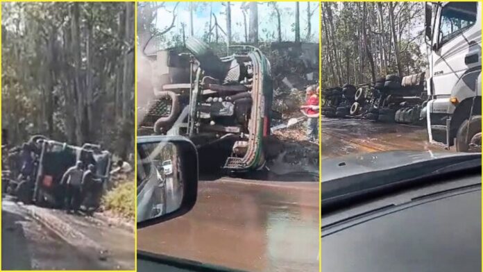 Entre Ouro Preto e Mariana: carreta com soda cáustica tomba na BR-356