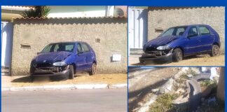 Itabirito: alta velocidade e direção perigosa fazem carro acertar poste e subir em passeio do Bela Vista Itabirito: alta velocidade e direção perigosa fazem carro acertar poste e subir em passeio do Bela Vista