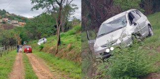 Carro capota em barranco, de cerca de 10 metros, no Padre Eustáquio, em Itabirito Carro capota em barranco, de cerca de 10 metros, no Padre Eustáquio, em Itabirito