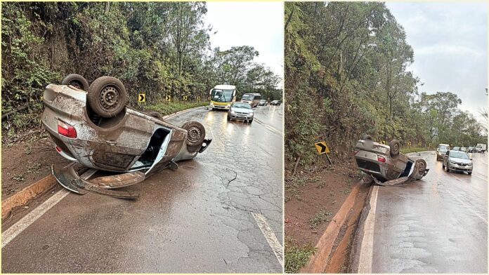 Acidente na BR-356: carro fica de ponta-cabeça na Serra da Santa, em Itabirito