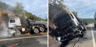 MG: carreta com 30 toneladas de café tomba e pega fogo na BR-381; motorista alega que foi ‘fechado’ MG: carreta com 30 toneladas de café tomba e pega fogo na BR-381; motorista alega que foi 'fechado'