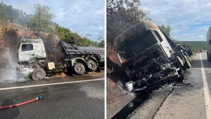 MG: carreta com 30 toneladas de café tomba e pega fogo na BR-381; motorista alega que foi 'fechado'