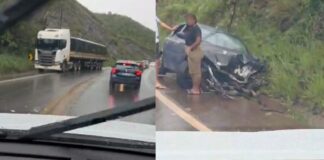 BR-356, perto da Santa Casa de Ouro Preto: carro bate em tanque de carreta e fica com frente destruída BR-356, perto da Santa Casa de Ouro Preto: carro bate em tanque de carreta e fica com frente destruída