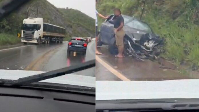 BR-356, perto da Santa Casa de Ouro Preto: carro bate em tanque de carreta e fica com frente destruída