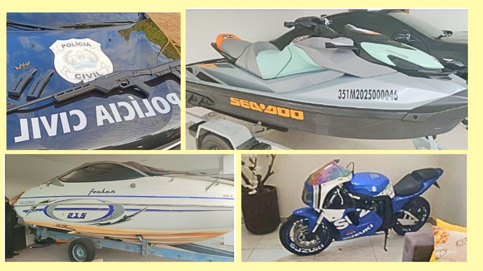 ‘Royalties Perdidos’: ação da PC atinge Ouro Preto e Mariana; R$ 3 milhões bloqueados, lancha apreendida Parte do que foi apreendido - Fotos: PC de Minas Gerais