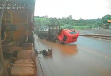 BR-040: caminhão perde controle na pista molhada, atinge carreta e deixa ferido em Congonhas; VÍDEO BR-040: carreta perde controle na pista molhada, atinge outro veículo e deixa ferido em Congonhas; VÍDEO