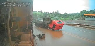 BR-040: caminhão perde controle na pista molhada, atinge carreta e deixa ferido em Congonhas; VÍDEO BR-040: carreta perde controle na pista molhada, atinge outro veículo e deixa ferido em Congonhas; VÍDEO