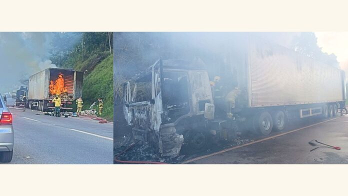 Nova Lima: carreta pega fogo e chamas atingem vegetação às margens da BR-040 Nova Lima: carreta pega fogo e chamas atingem vegetação às margens da BR-040