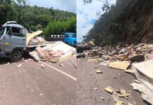 Itabirito, Serra da Santa: caminhão perde os freios e bate em encosta na BR-356 Itabirito, Serra da Santa: caminhão perde os freios e bate em encosta na BR-356