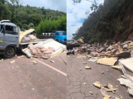 Itabirito, Serra da Santa: caminhão perde os freios e bate em encosta na BR-356 Itabirito, Serra da Santa: caminhão perde os freios e bate em encosta na BR-356