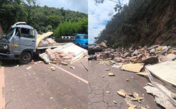 Itabirito, Serra da Santa: caminhão perde os freios e bate em encosta na BR-356 Itabirito, Serra da Santa: caminhão perde os freios e bate em encosta na BR-356